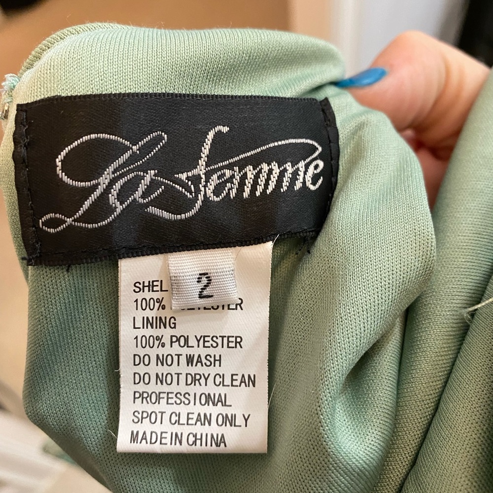 NWT La Femme Glitter Green Sequin Goddess Sexy To the Floor Low Back Gown - Picture 8 of 16